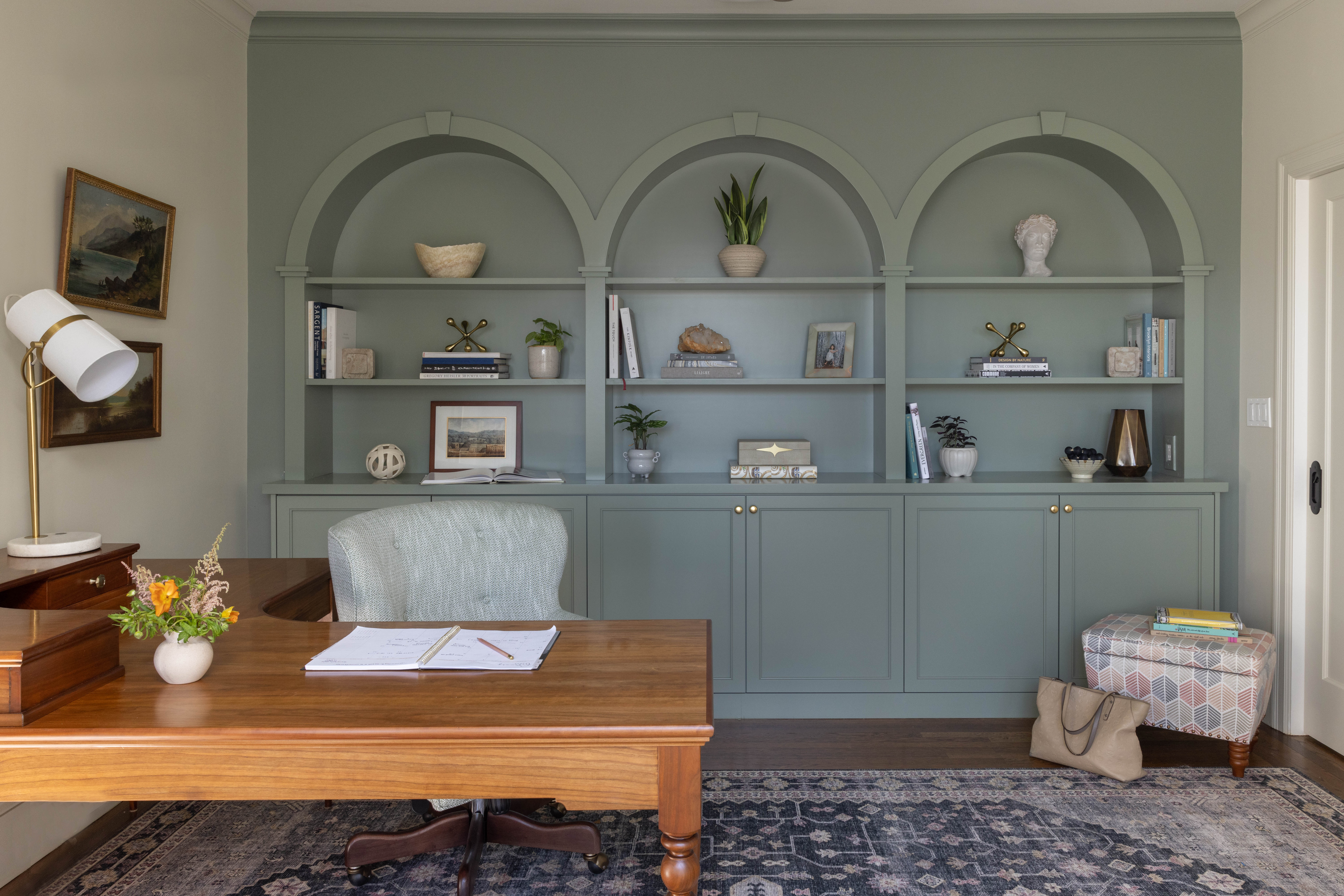 Napa Valley, Sonoma County and Marin interior designer designs a family friendly and functional home office with custom arched built-ins