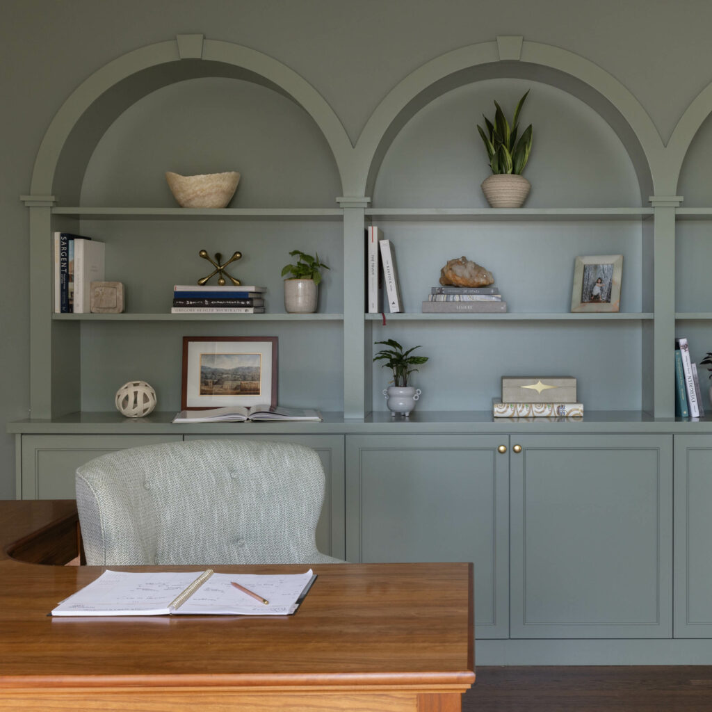 napa valley interior designer project image of an office with arched custom built-in cabinetry
