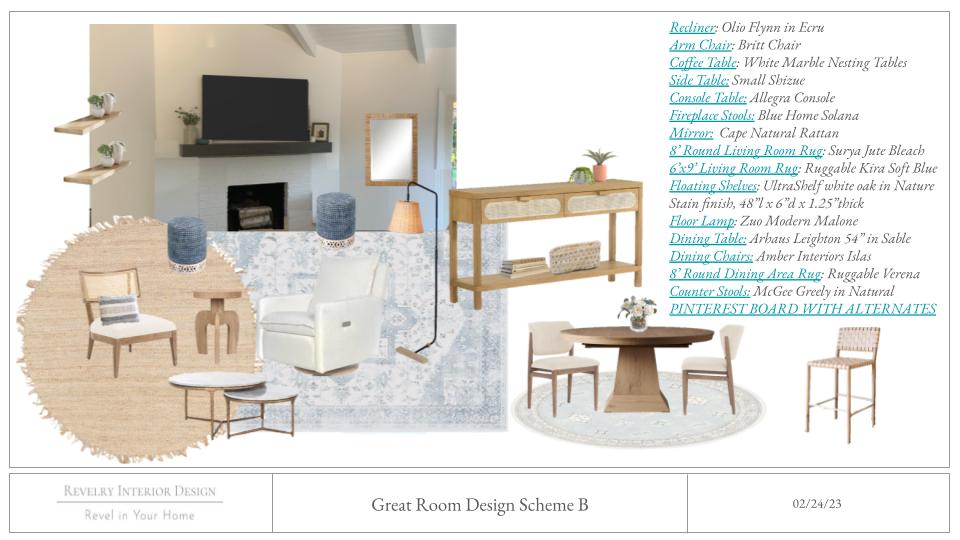 design development boards for open concept kitchen living dining room in Mill Valley, CA, from Revelry Interior Design. The color scheme is blue and white with white oak wood with a coastal modern interior design style