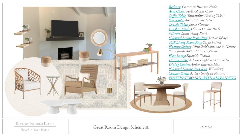 design development boards for open concept kitchen living dining room in Mill Valley, CA, from Revelry Interior Design. The color scheme is neutral beige and white with white oak wood with a coastal modern interior design style