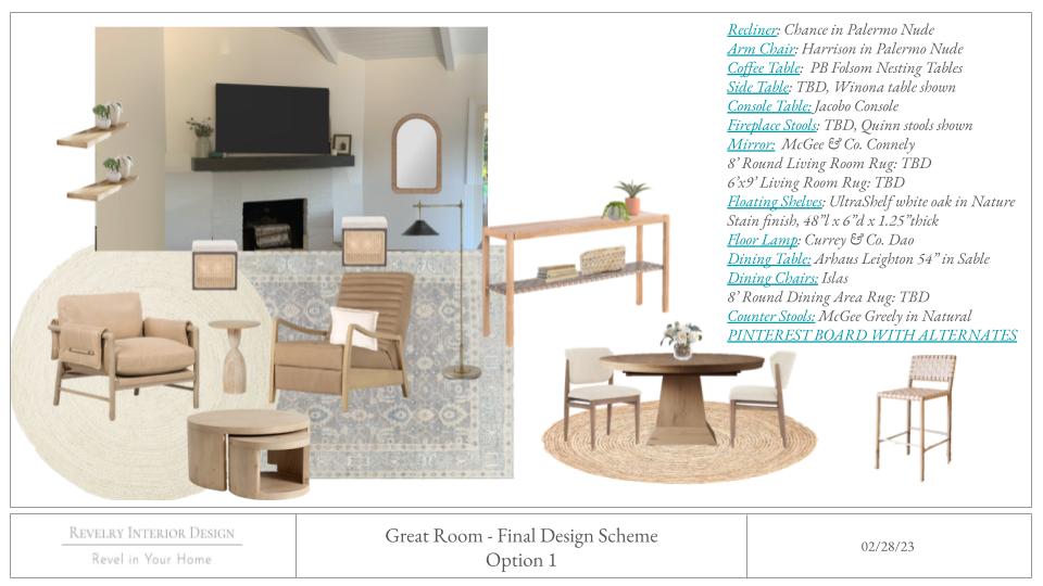 design development boards for open concept kitchen living dining room in Mill Valley, CA, from Revelry Interior Design. The color scheme is sage green and natural neutrals with white oak wood with a coastal modern interior design style