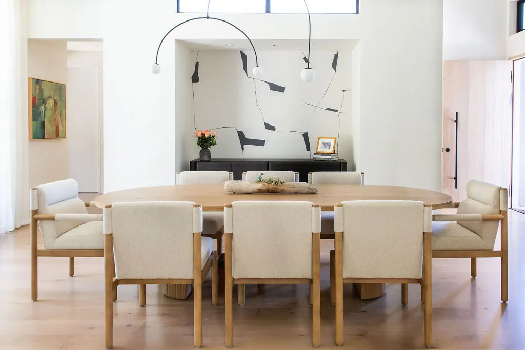 Wine country dining room interior in modern neutrals. Modern coastal interior design. Interior Designer in Northern California’s Wine Country, serving Healdsburg, Sonoma, Napa, and Marin