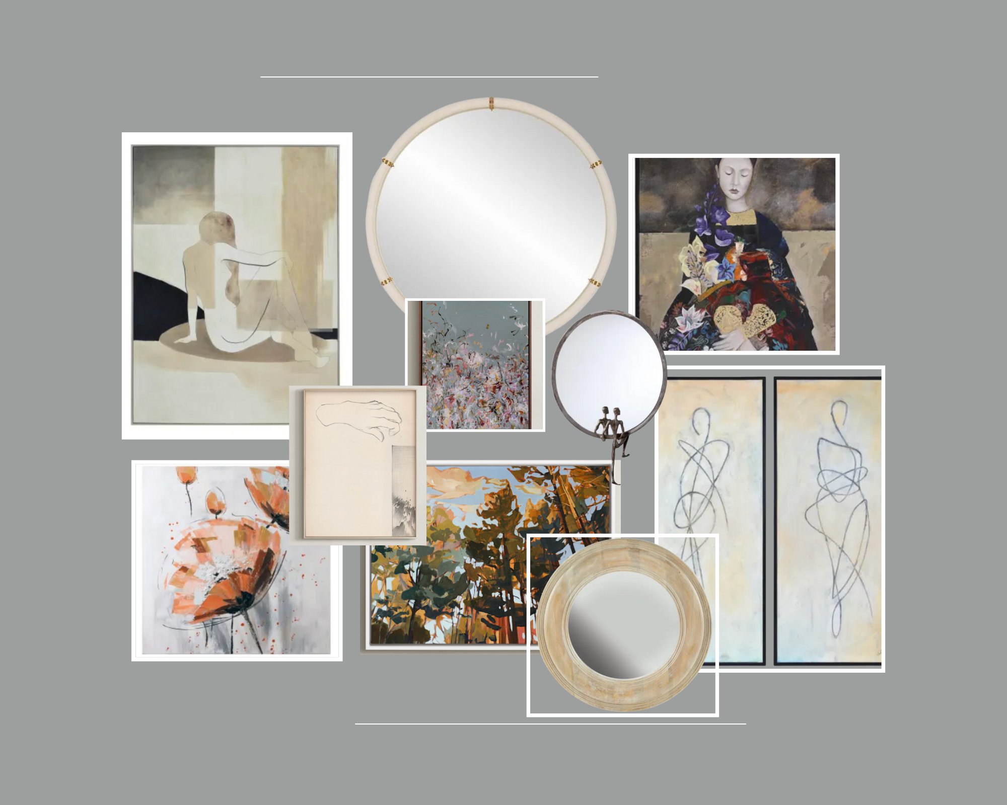 Gallery wall with soft neutral art inspired by wine country