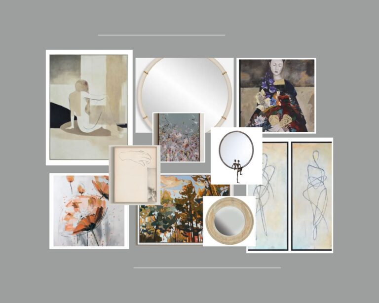 Gallery wall with soft neutral art inspired by wine country