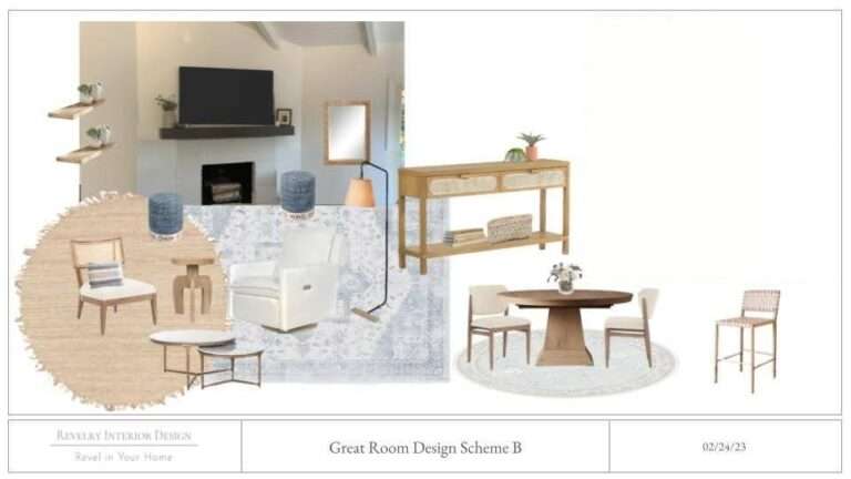 open concept kitchen, dining, and living room design board